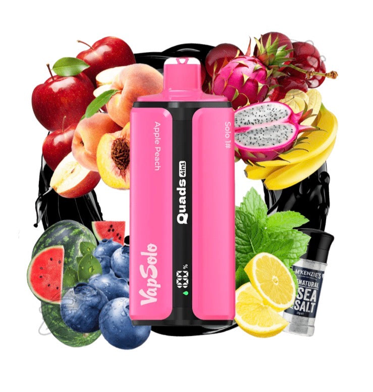 VAPSOLO QUADS – APPLE PEACH & BLUEBERRY WATERMELON & DRAGON FRUIT BANANA CHERRY & SOLO #13